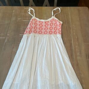 Blue Blush White Mini Dress with Coral Crochet Bodice